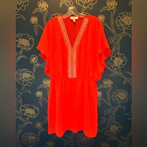 BELLE BADGLEY MICHKA beaded flowy CORAL popover TUNIC DRESS coverup MINI 8